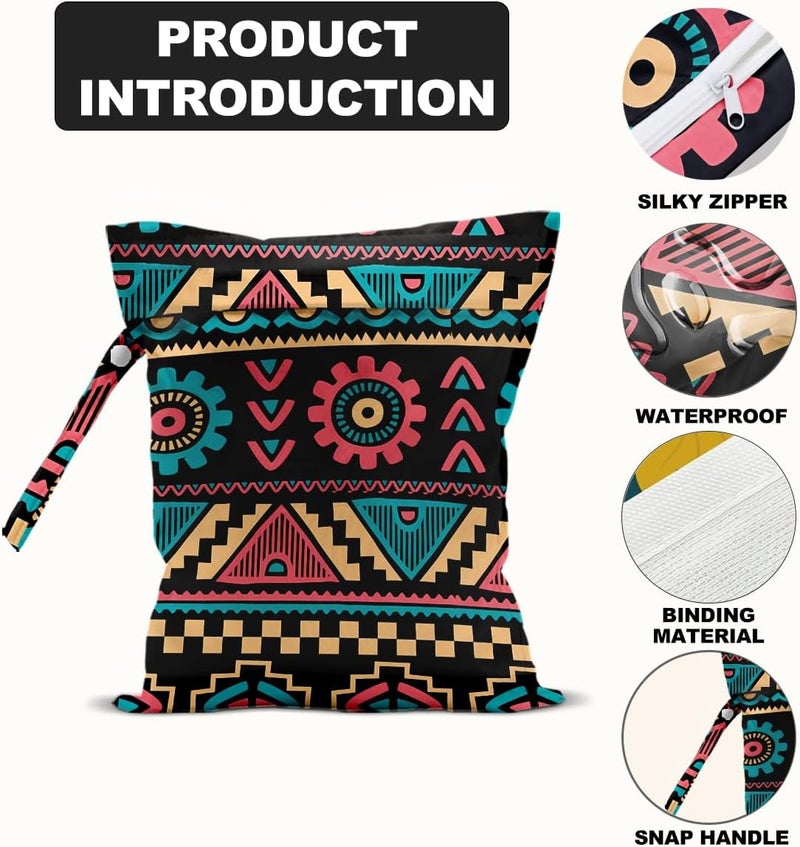 BQXH 2Pcs Ethnic Print Wet Bags, Wet Dry Bag Reusable Zipper Pouch for Swimsuit, Diapers, Travel, Pool, Beach, Dirty Yoga Gym Clothes, Toiletries, Waterproof Birthday Christmas Gifts - Image 3